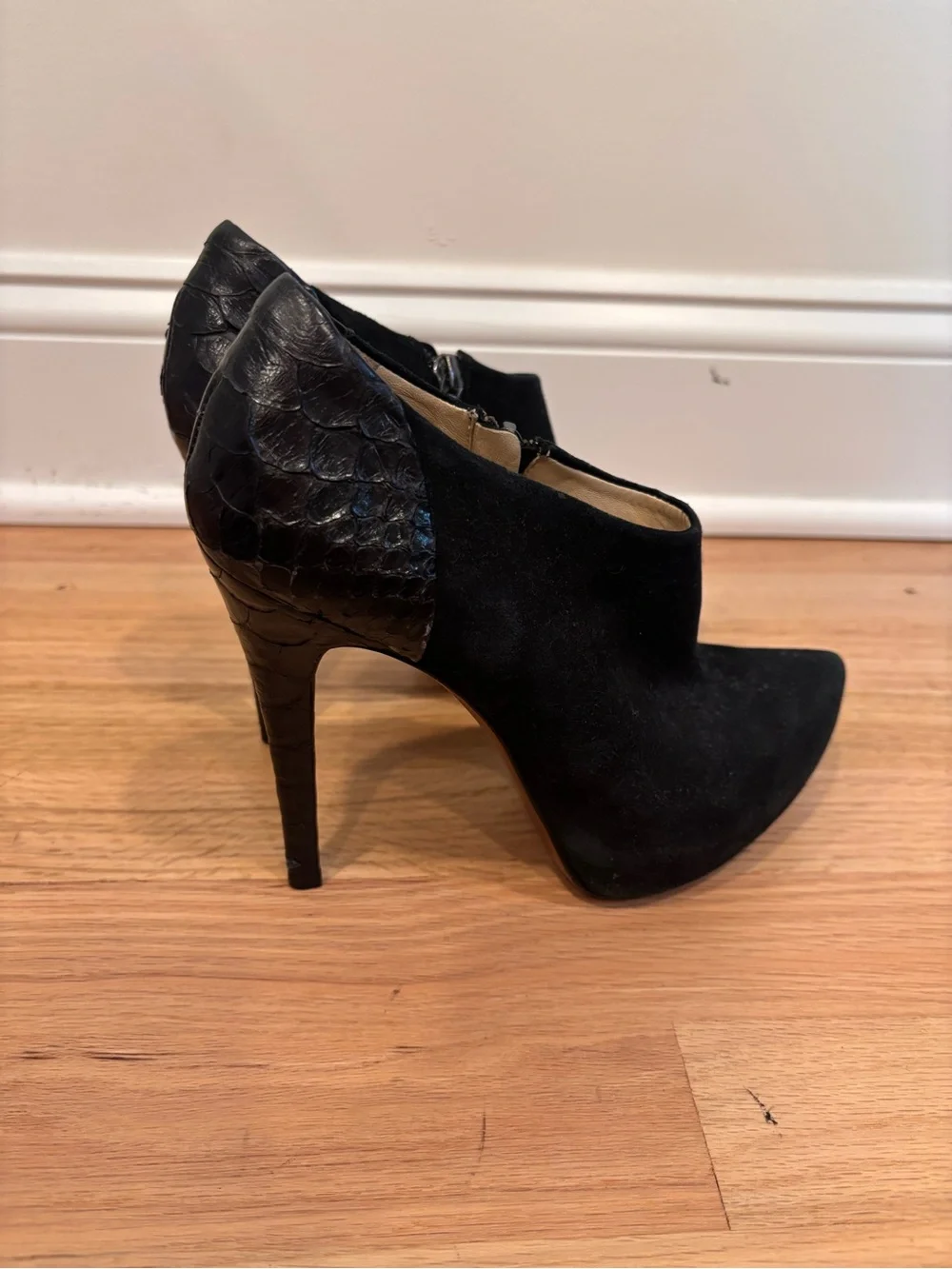 Alexandre Birman black suede and snake print booties size 8